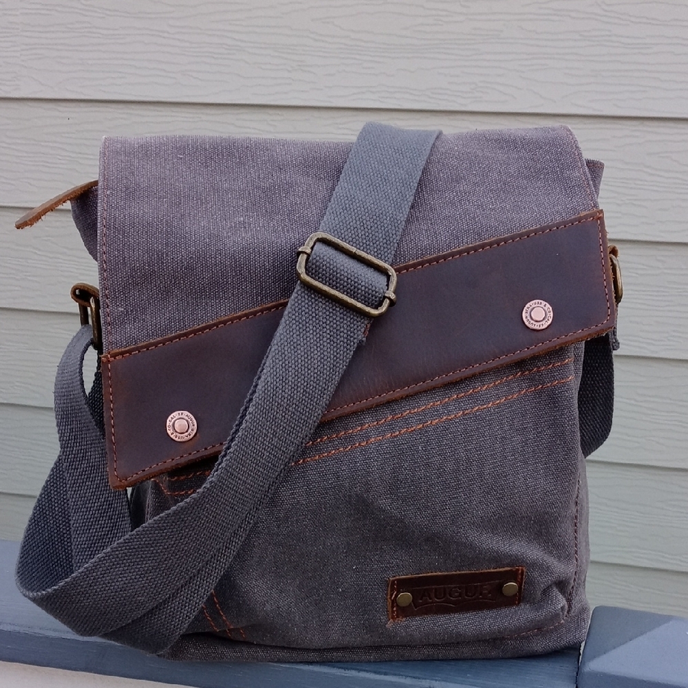 Casual Gray Canvas Messenger Bag with Leather Trim